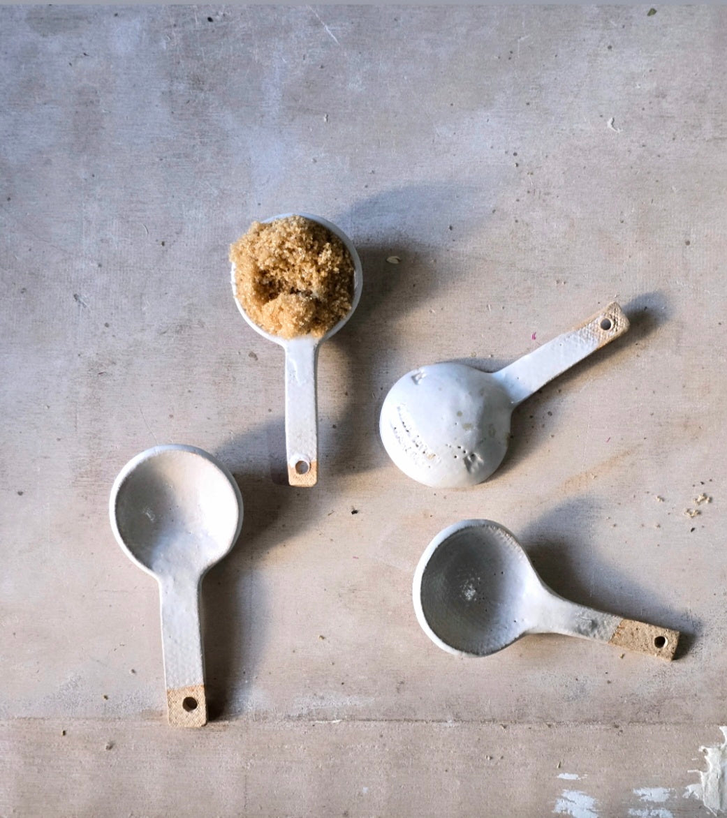 Handcrafted Biscuit Clay Spoon – Rustic White Glaze, Earthy Finish, Perfect for Spices & Bath Salts