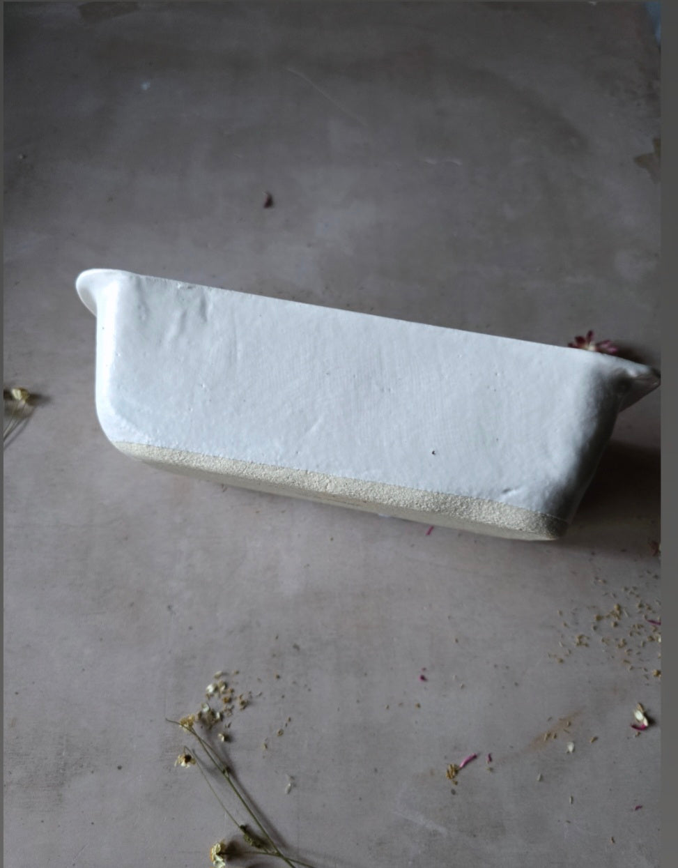 Handmade Rectangular Deep Serving Dish – Milky White Glaze with Side Handles (Organic Form)