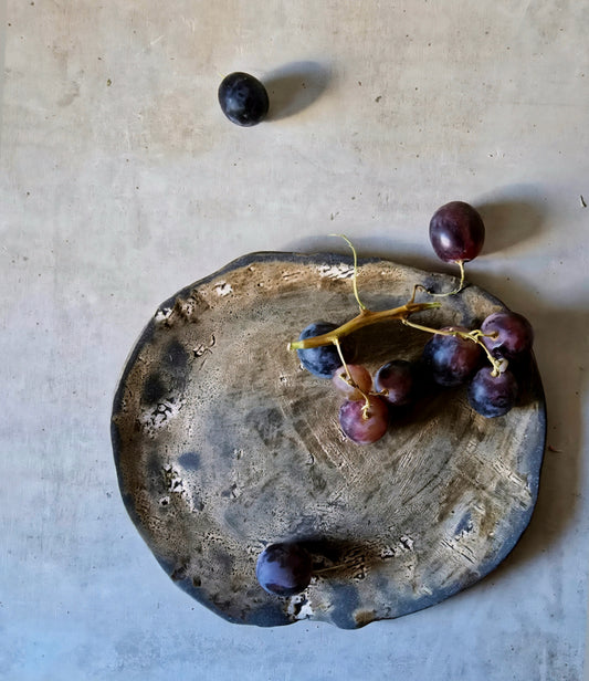 Rustic Organic Ceramic Plate β Caramel Brown Glaze Over Black Clay | Handmade Pottery Tray | Food Safe & Decorative