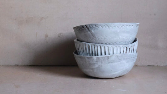 Handmade Mahogany Clay Bowls – Glossy White Glaze with Imprinted Decorative Designs (Leaf, Stitch, Scribed)