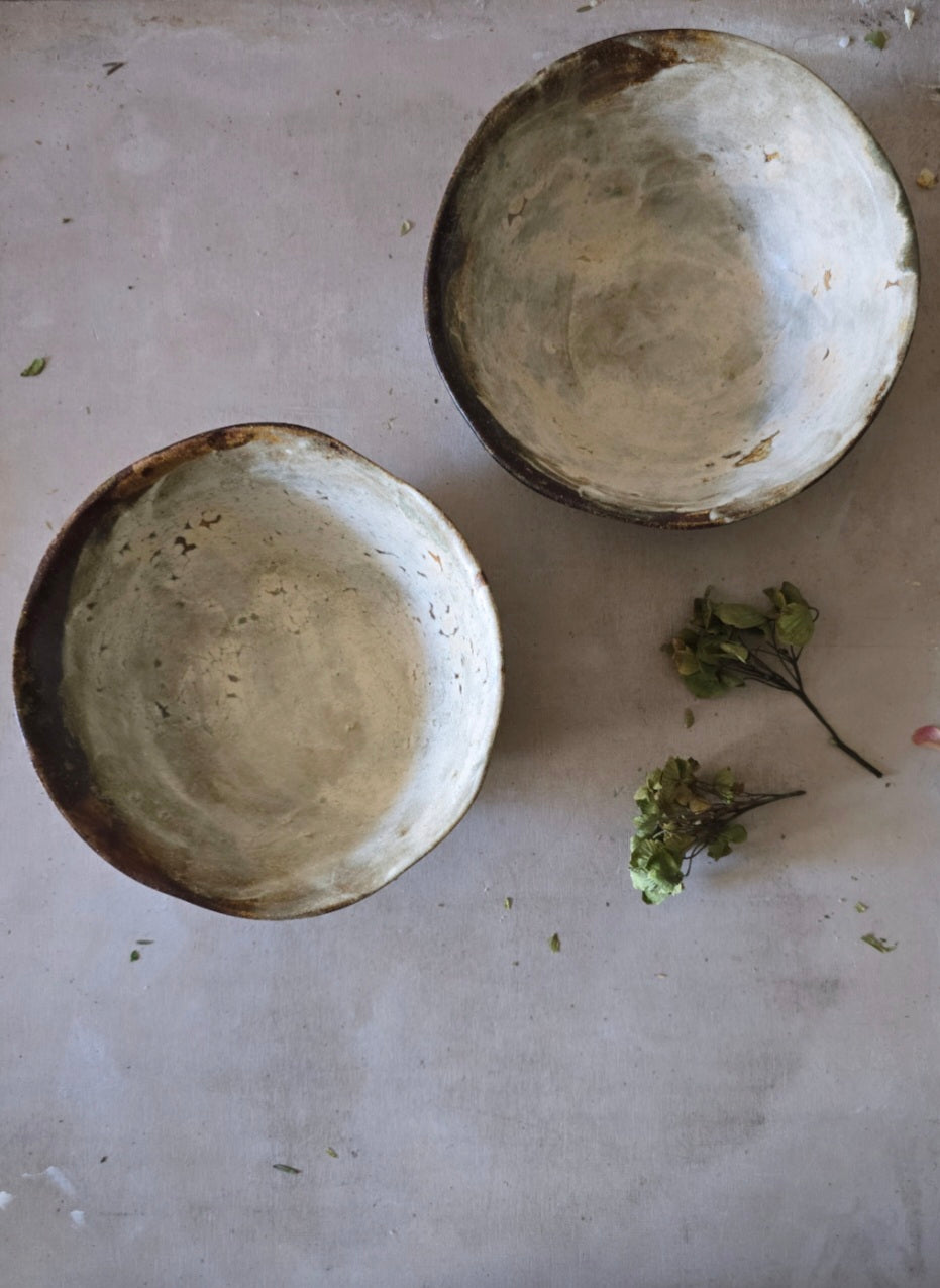 Handmade Ceramic Bowls – Layered Cream, Green & Grey Glaze on Stoneware