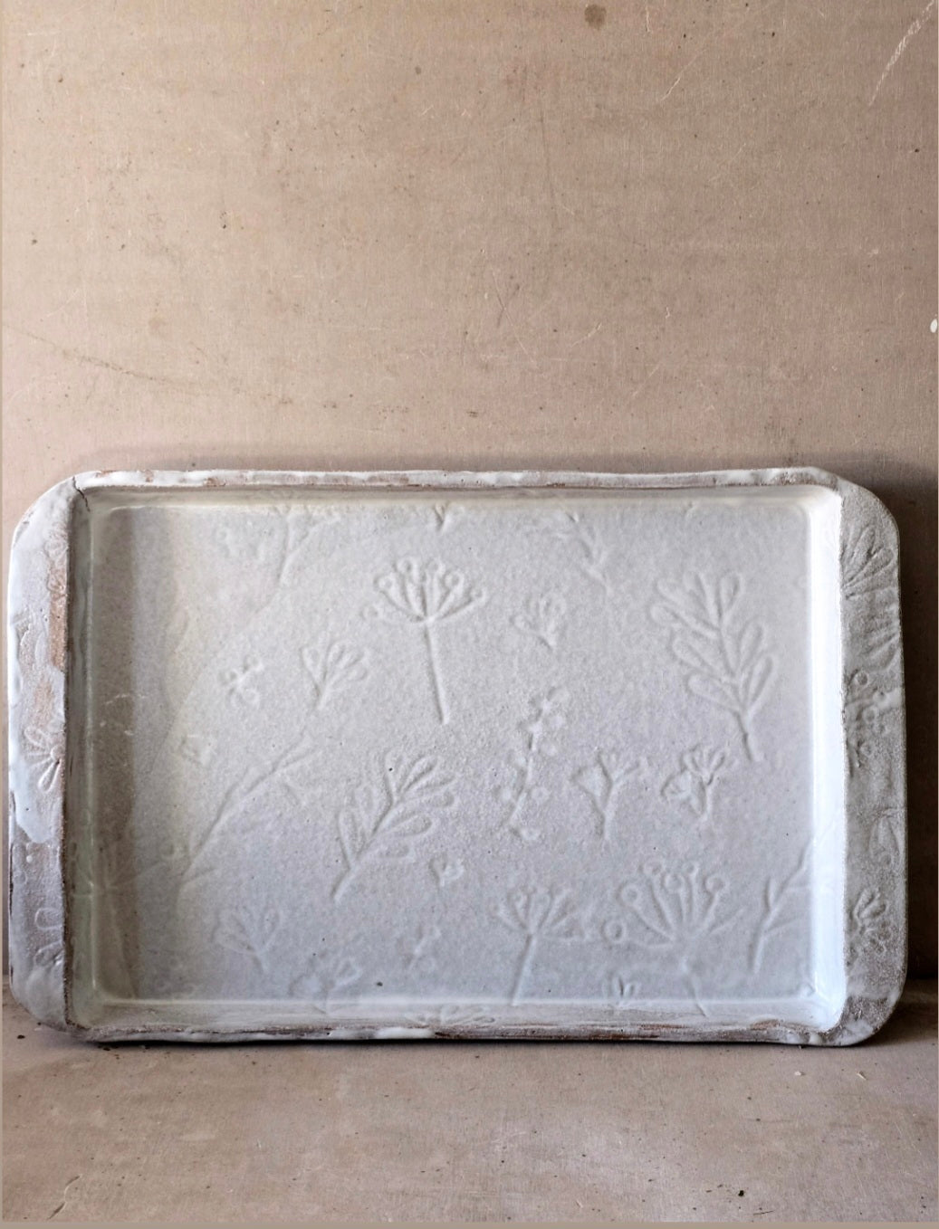 One-of-a-Kind Handmade Rectangular Serving Dish – Matte White Glaze with Botanical Imprints & Side Handles (Imperfect, Discounted)