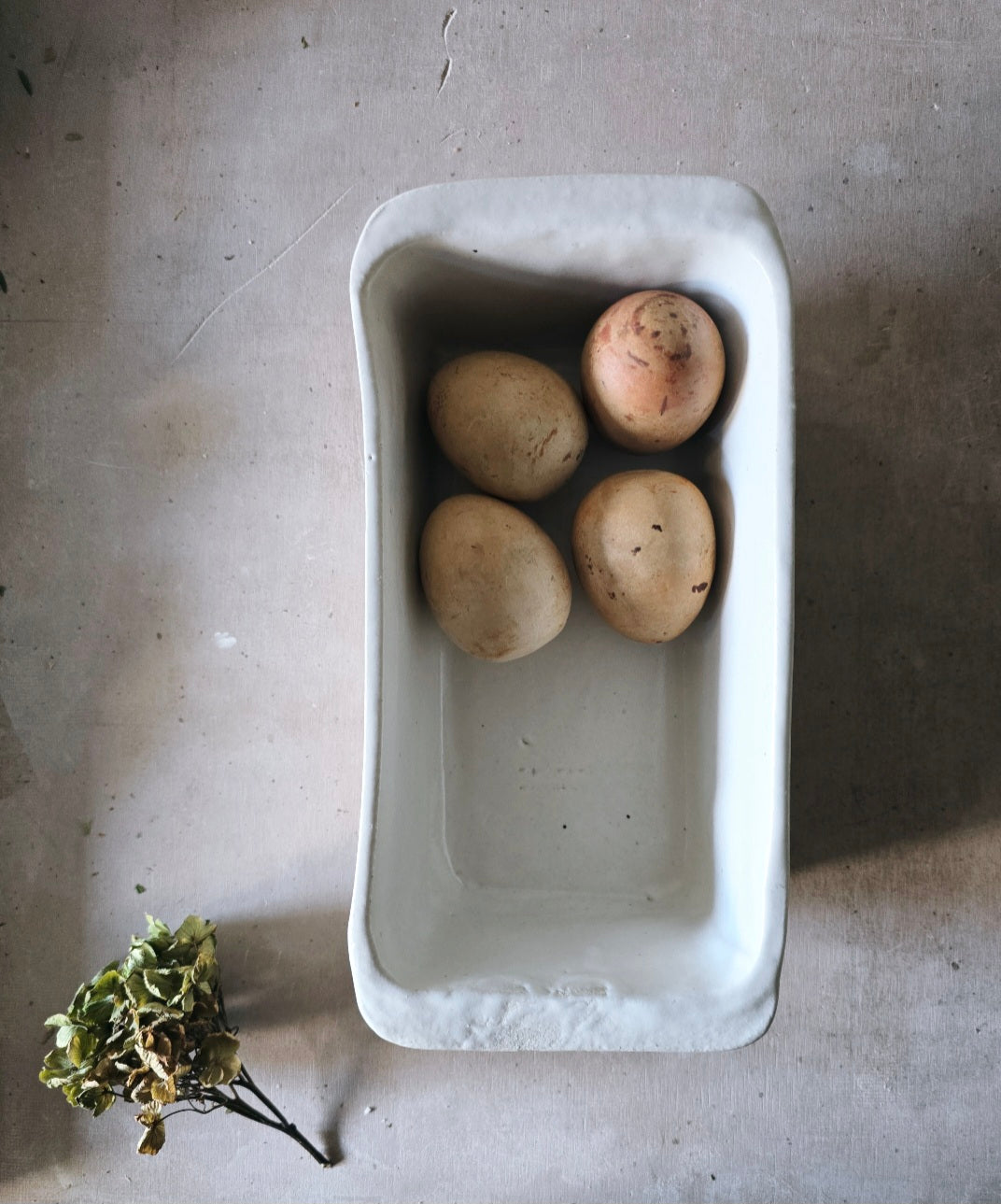 Handmade Rectangular Deep Serving Dish – Milky White Glaze with Side Handles (Organic Form)