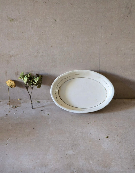 Handmade Milky White Oval Ceramic Dish | Rustic Pottery Bowl with Earthy Brown Decorative Lines | Small Serving Dish | Condiment Bowl | Artisan Kitchen & Home Decor