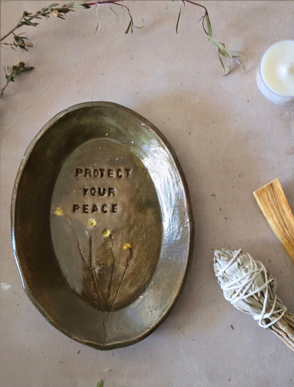 Handmade Oval Dish – “Protect Your Peace” Botanical Imprint in Olive Glaze