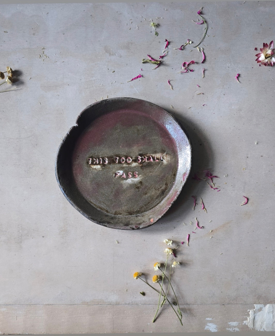 Handmade Round Trinket Dish – “This Too Shall Pass” in Raspberry Grey Glaze (Imperfect, Discounted)