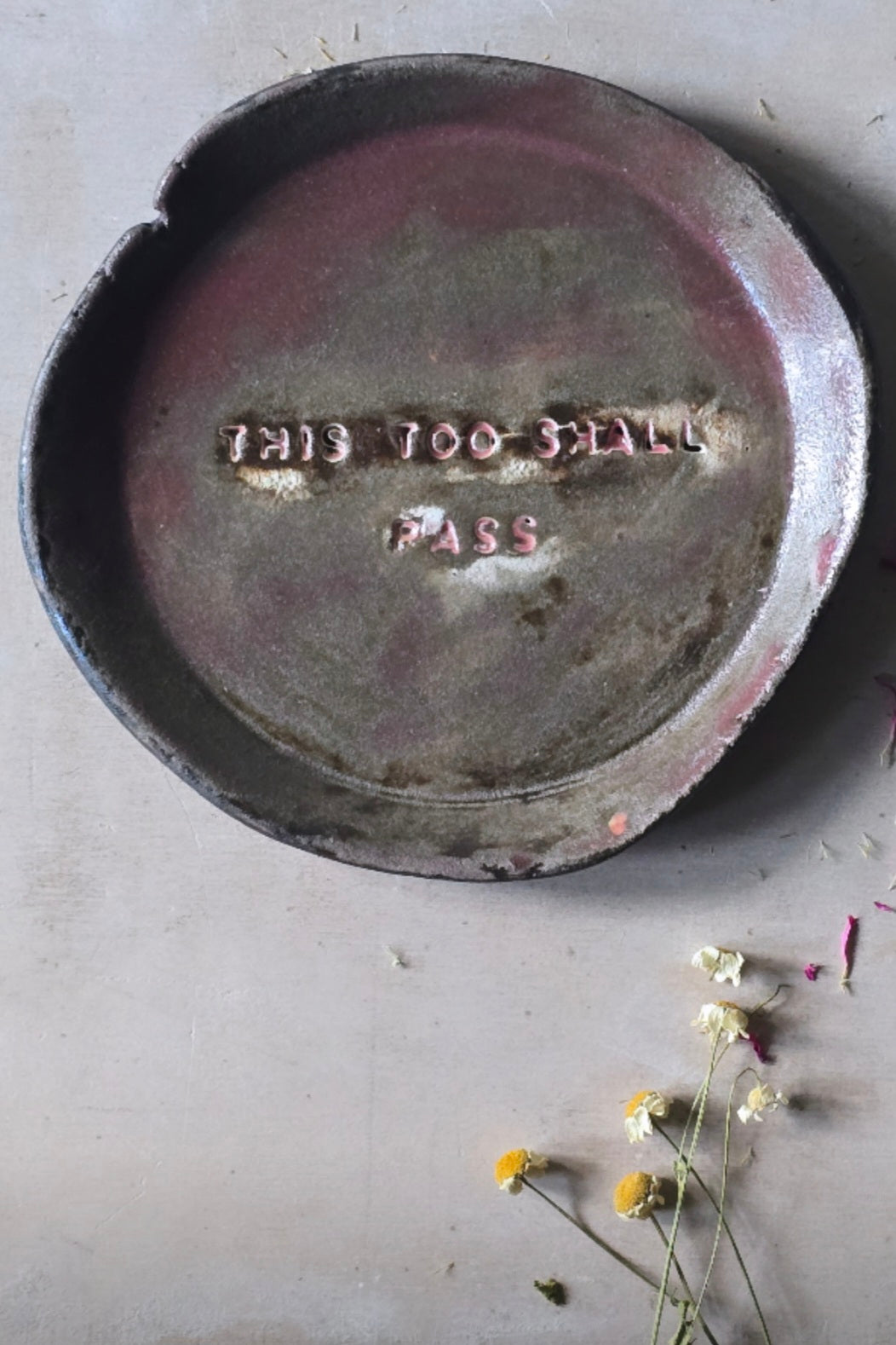 Handmade Round Trinket Dish – “This Too Shall Pass” in Raspberry Grey Glaze (Imperfect, Discounted)