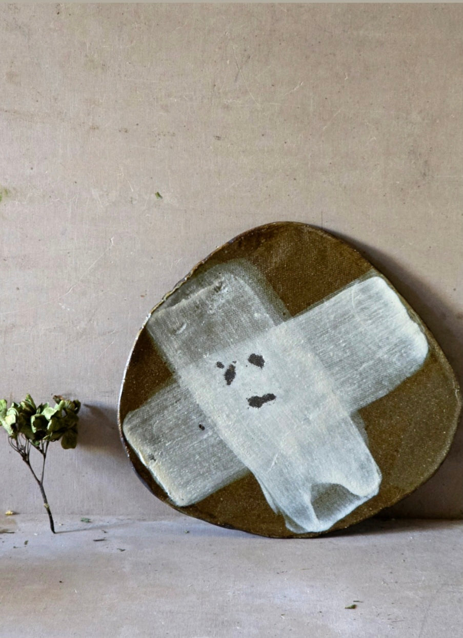 Handmade Organic Ceramic Plates – Olive Glaze on Black Clay with Bold White Patterns (Sold Separately)
