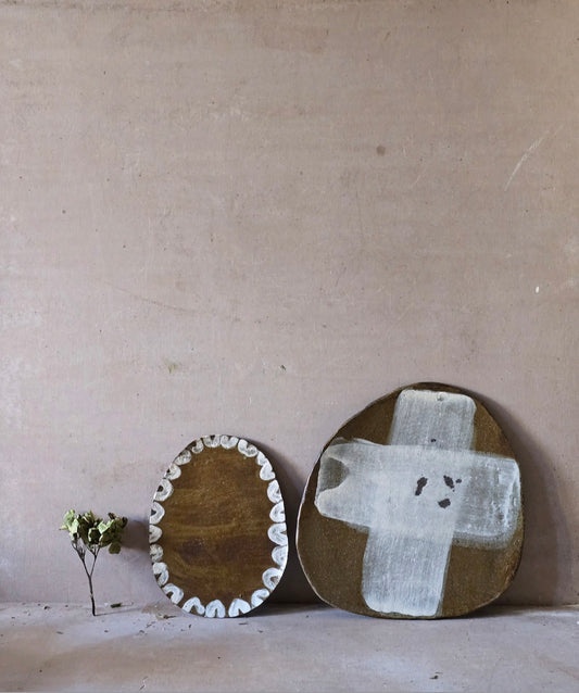 Handmade Organic Ceramic Plates – Olive Glaze on Black Clay with Bold White Patterns (Sold Separately)