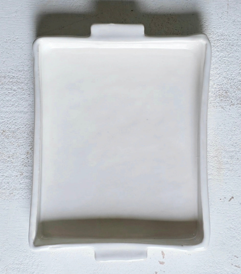Handcrafted Rectangular Serving Dish with Handles | Milky White Glaze | Minimalist Classic Pottery