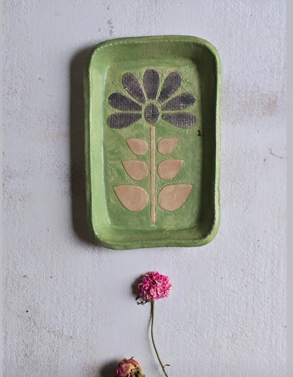 Handpainted Folk Art Flower Dish | Apple Green Textured Ceramic Snack Plate
