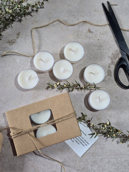 Coconut Wax Tealights- Pack of 6-Packaged in a Kraft Box With Window-Great small Gift-Clean Burning Tealights