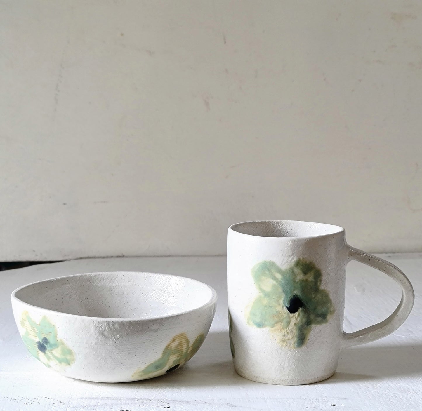 hand painted apple green ceramic cup & bowl