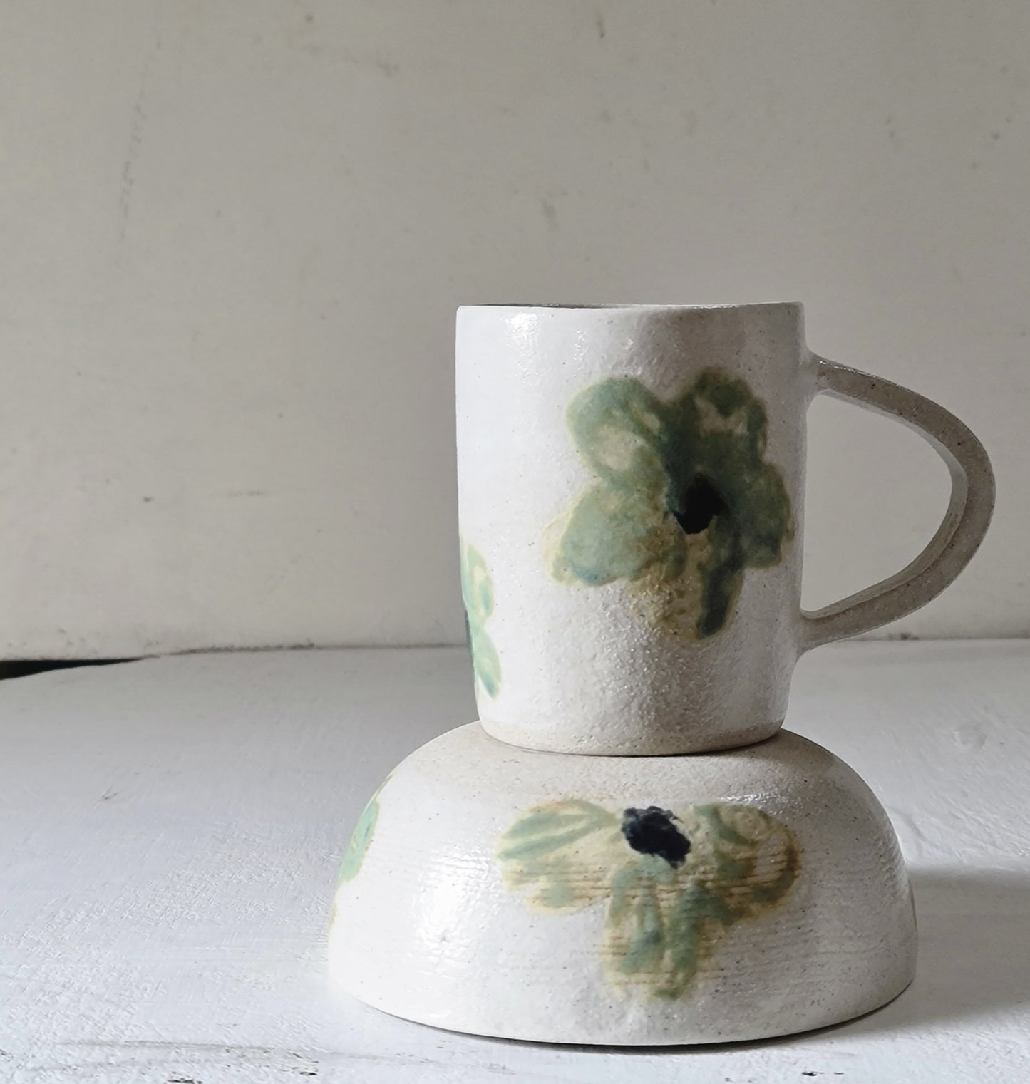 hand painted apple green ceramic cup & bowl