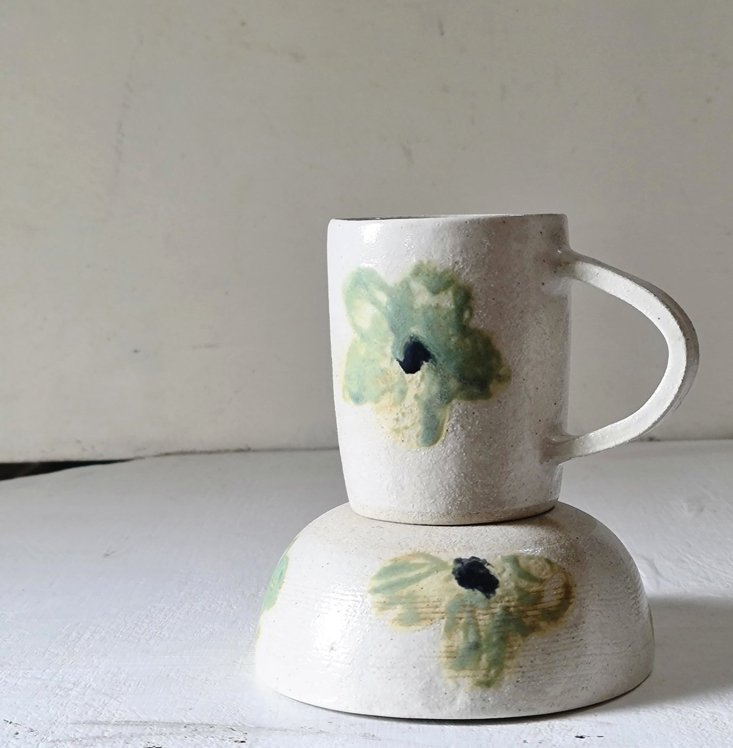 hand painted apple green ceramic cup & bowl