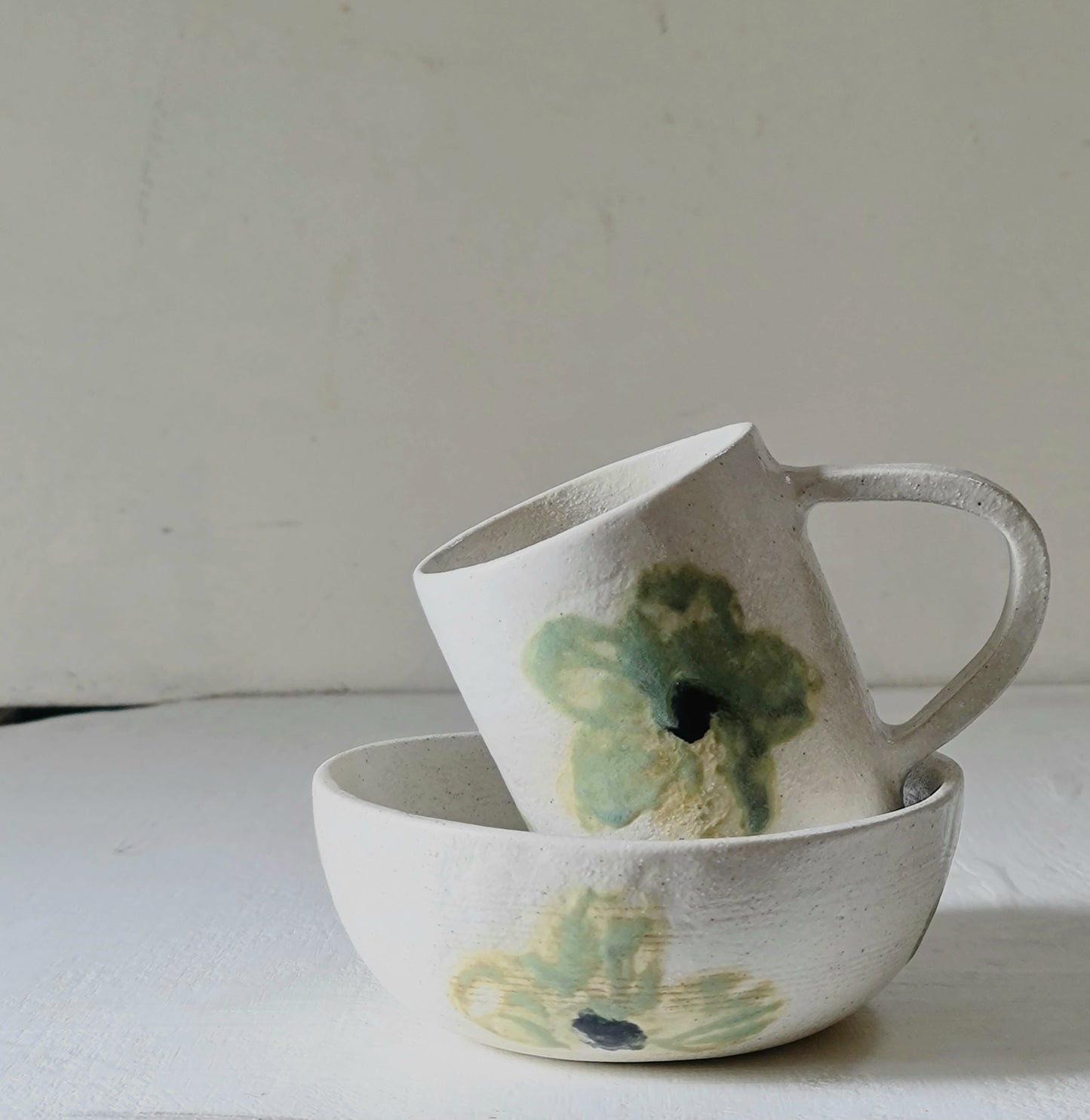 hand painted apple green ceramic cup & bowl