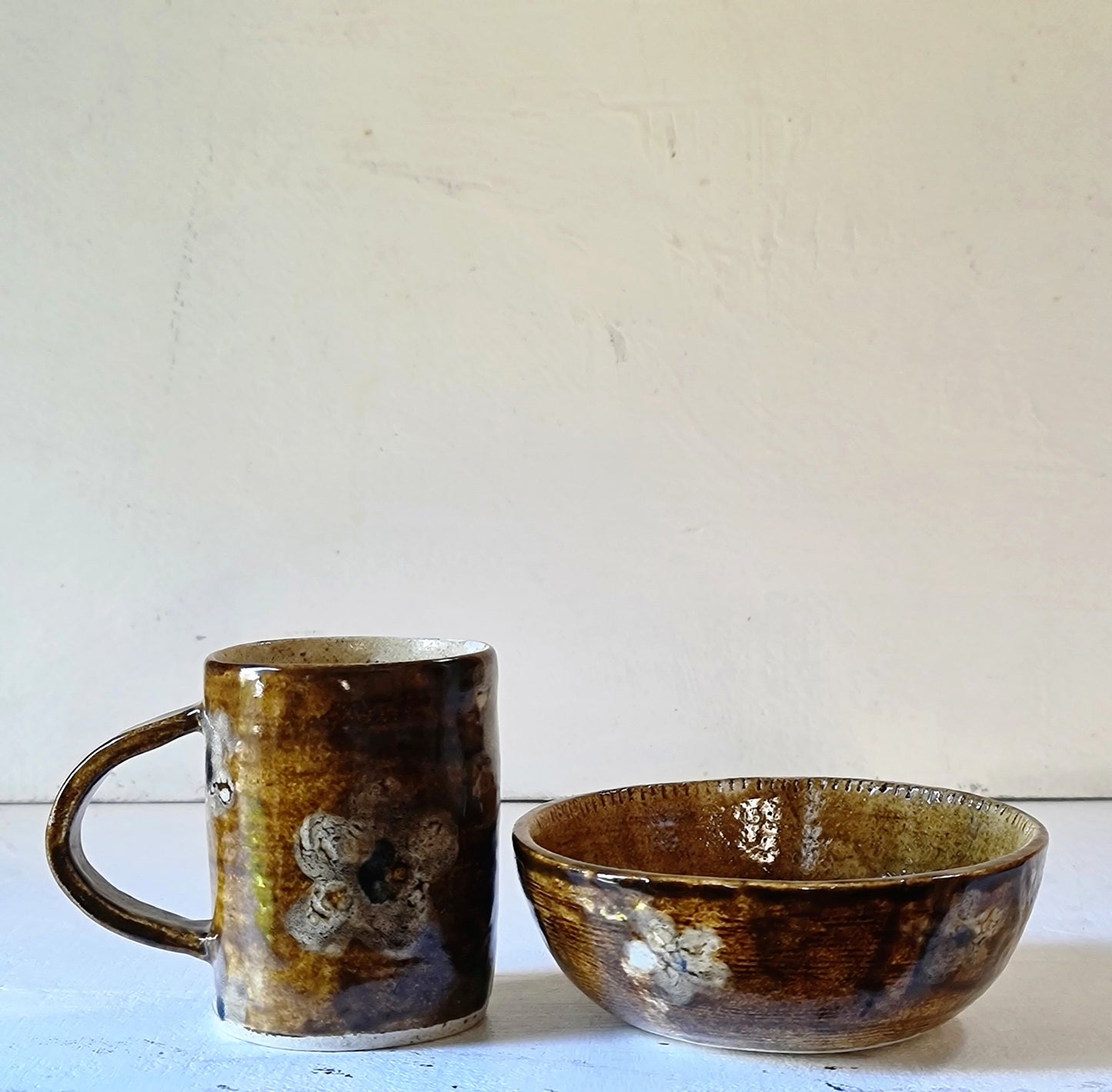 hand painted 3 PIECE ceramic golden syrup flower design cup, bowl and snack plate