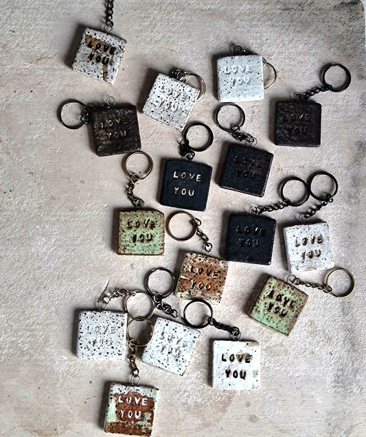 handcrafted rustic ceramic stoneware square key rings embossed LOVE YOU