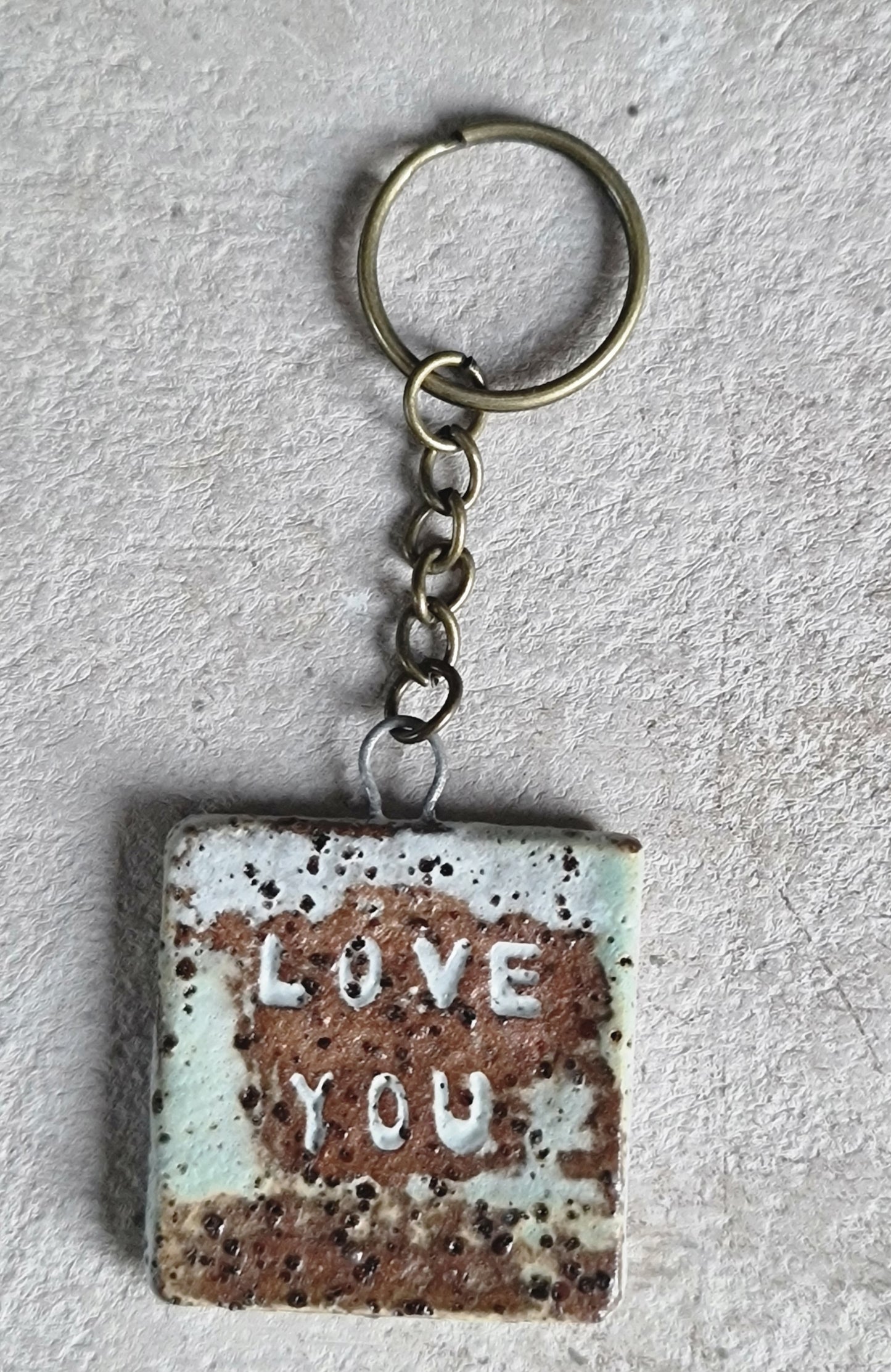 handcrafted rustic ceramic stoneware square key rings embossed LOVE YOU