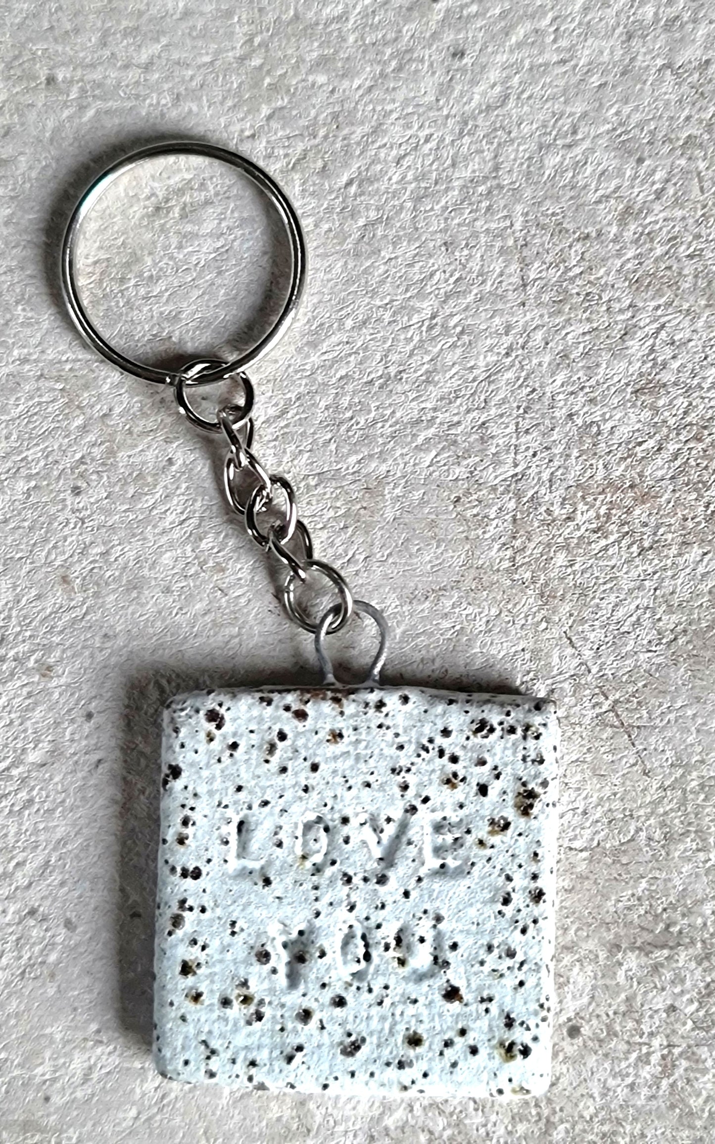 handcrafted rustic ceramic stoneware square key rings embossed LOVE YOU