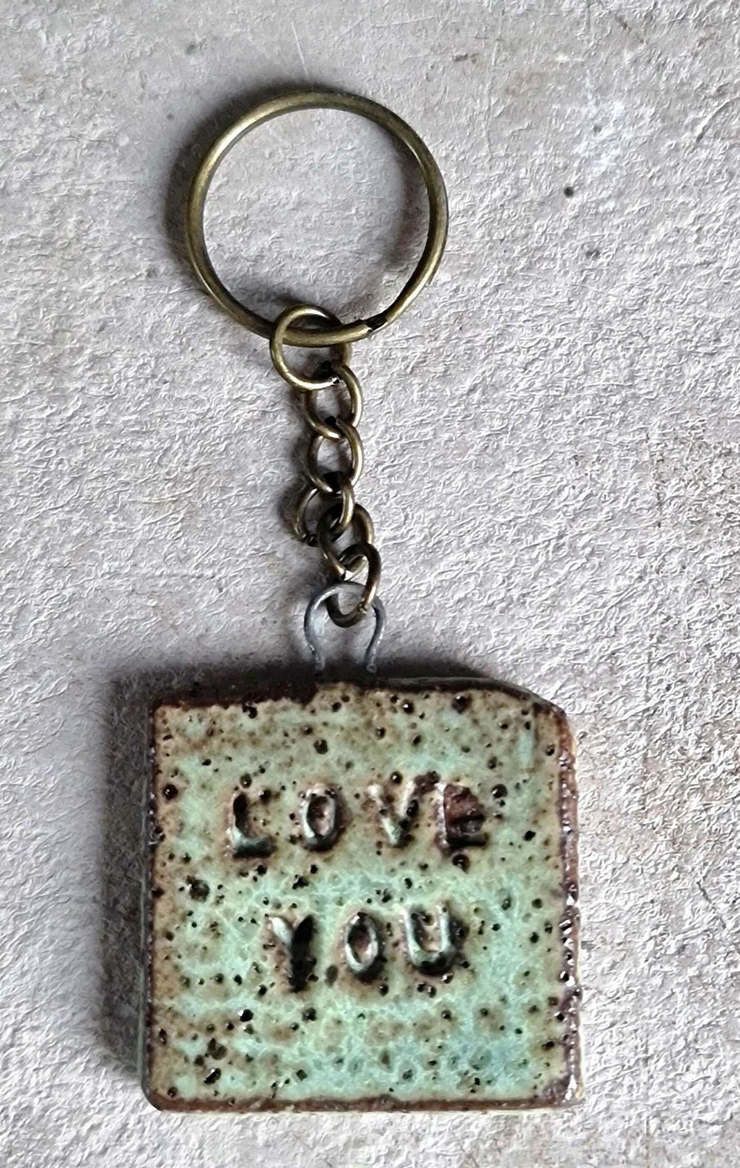 handcrafted rustic ceramic stoneware square key rings embossed LOVE YOU