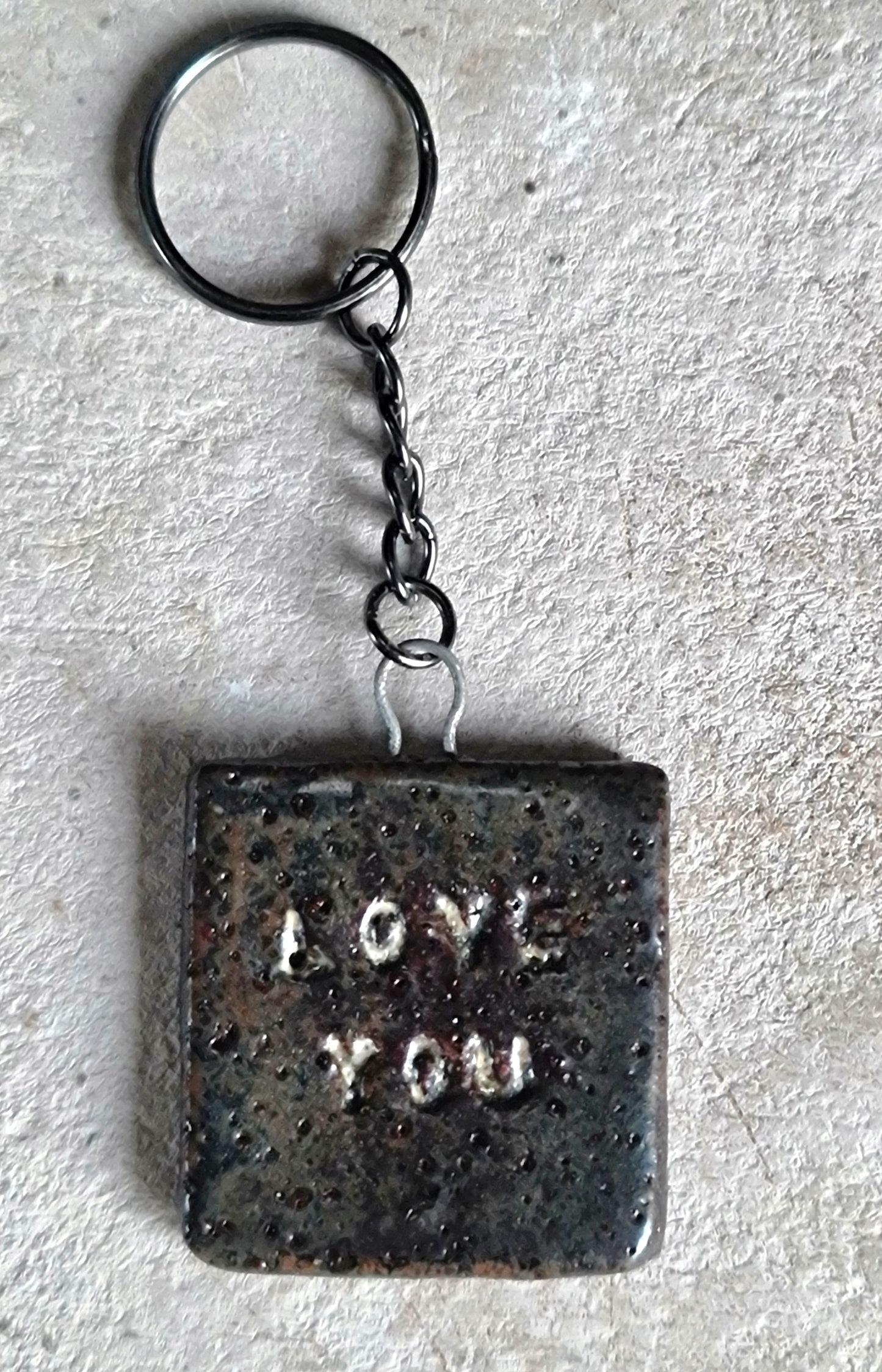 handcrafted rustic ceramic stoneware square key rings embossed LOVE YOU