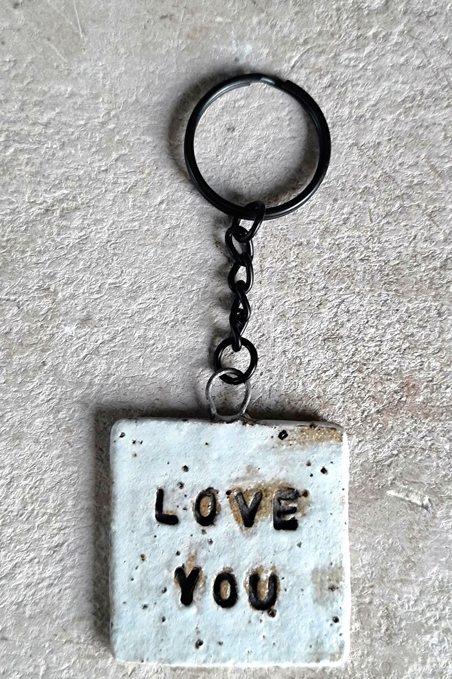 handcrafted rustic ceramic stoneware square key rings embossed LOVE YOU