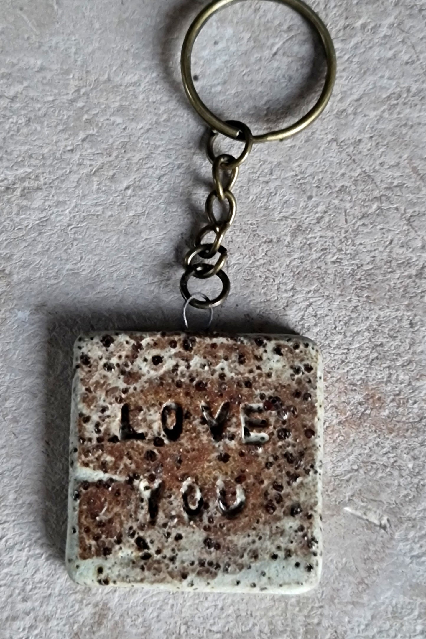 handcrafted rustic ceramic stoneware square key rings embossed LOVE YOU