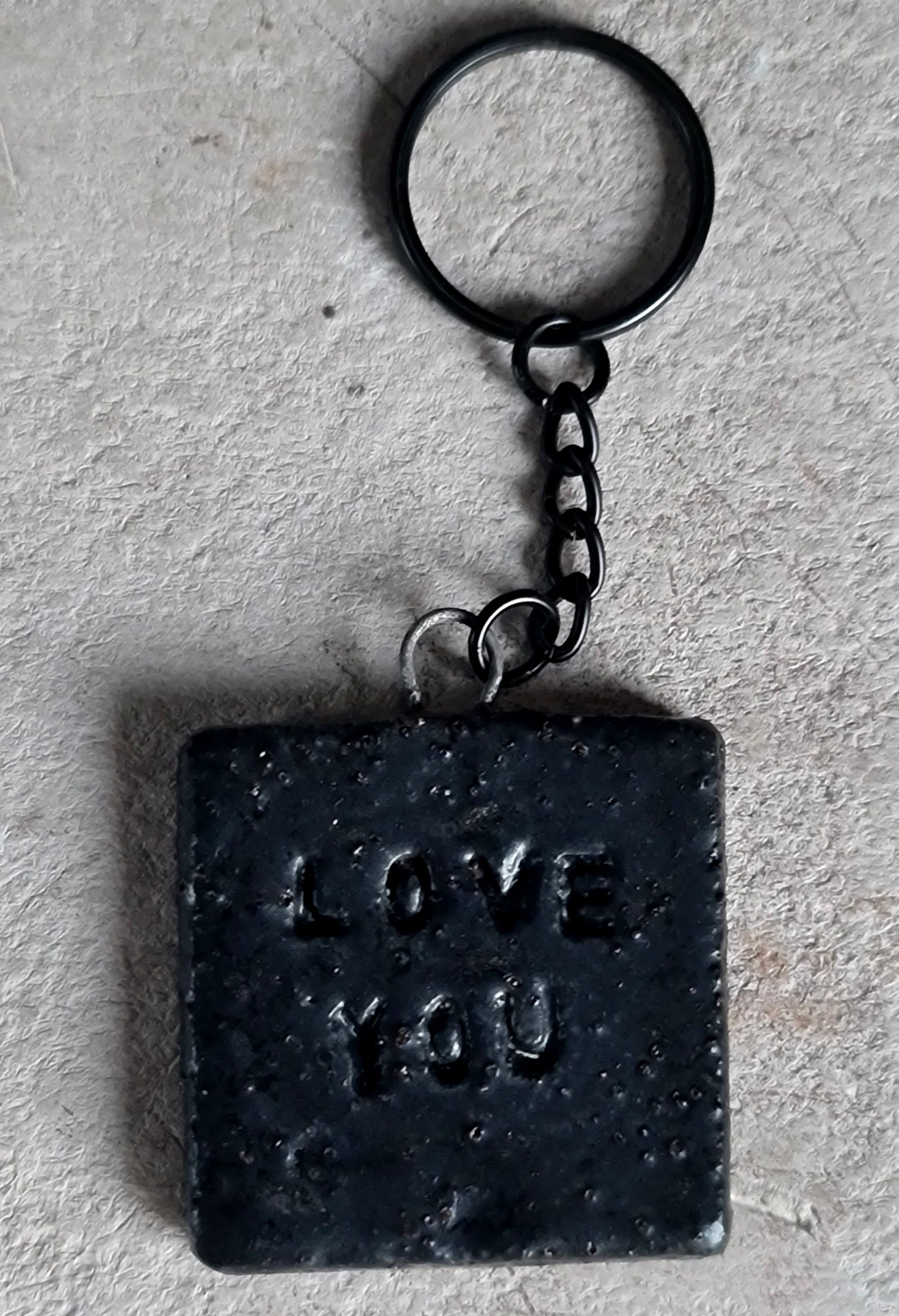 handcrafted rustic ceramic stoneware square key rings embossed LOVE YOU