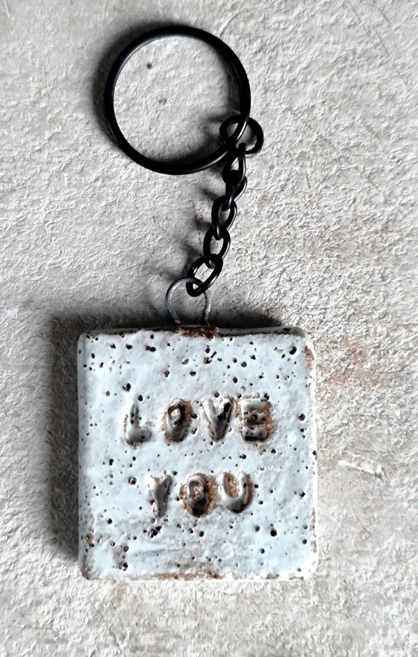 handcrafted rustic ceramic stoneware square key rings embossed LOVE YOU