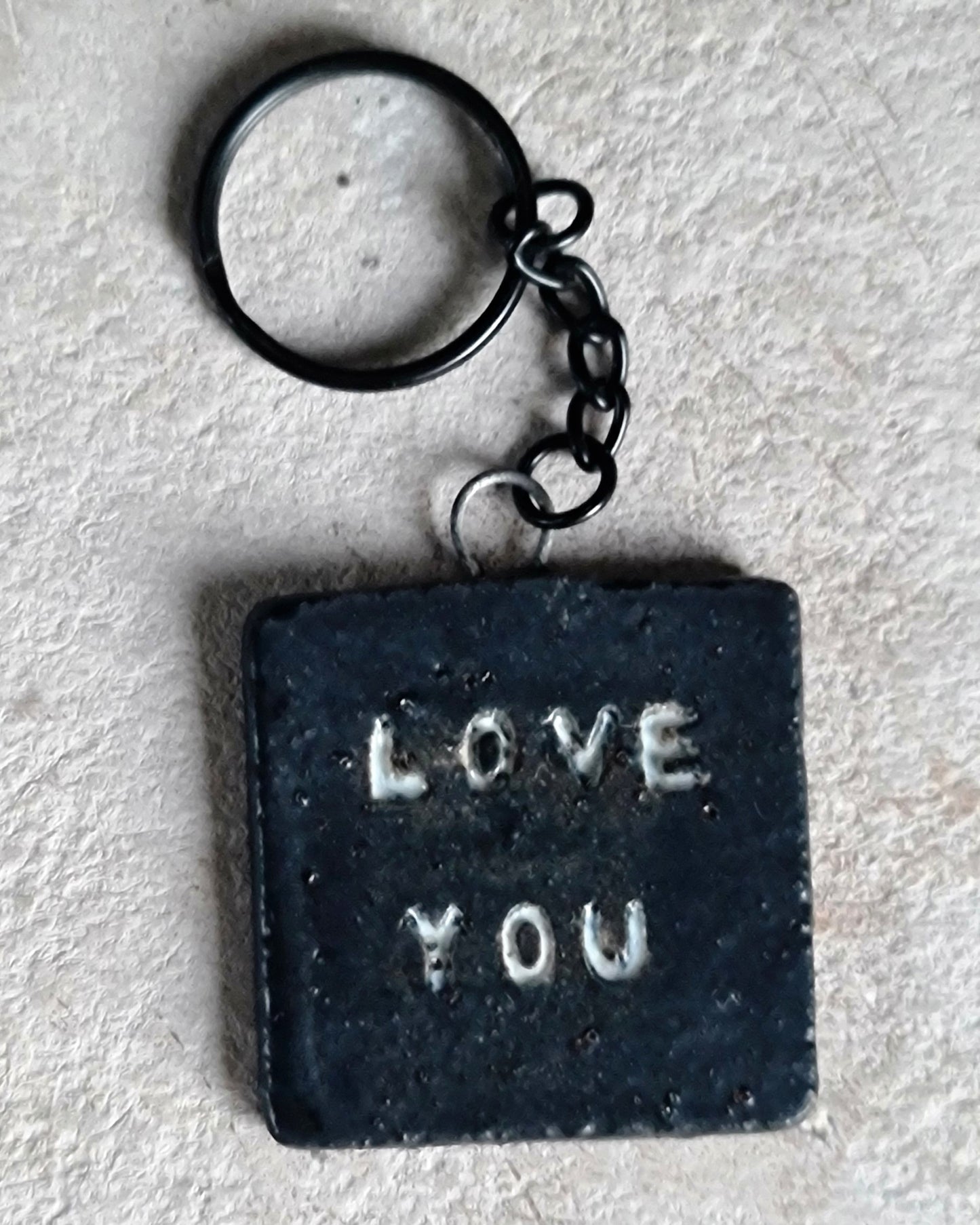 handcrafted rustic ceramic stoneware square key rings embossed LOVE YOU