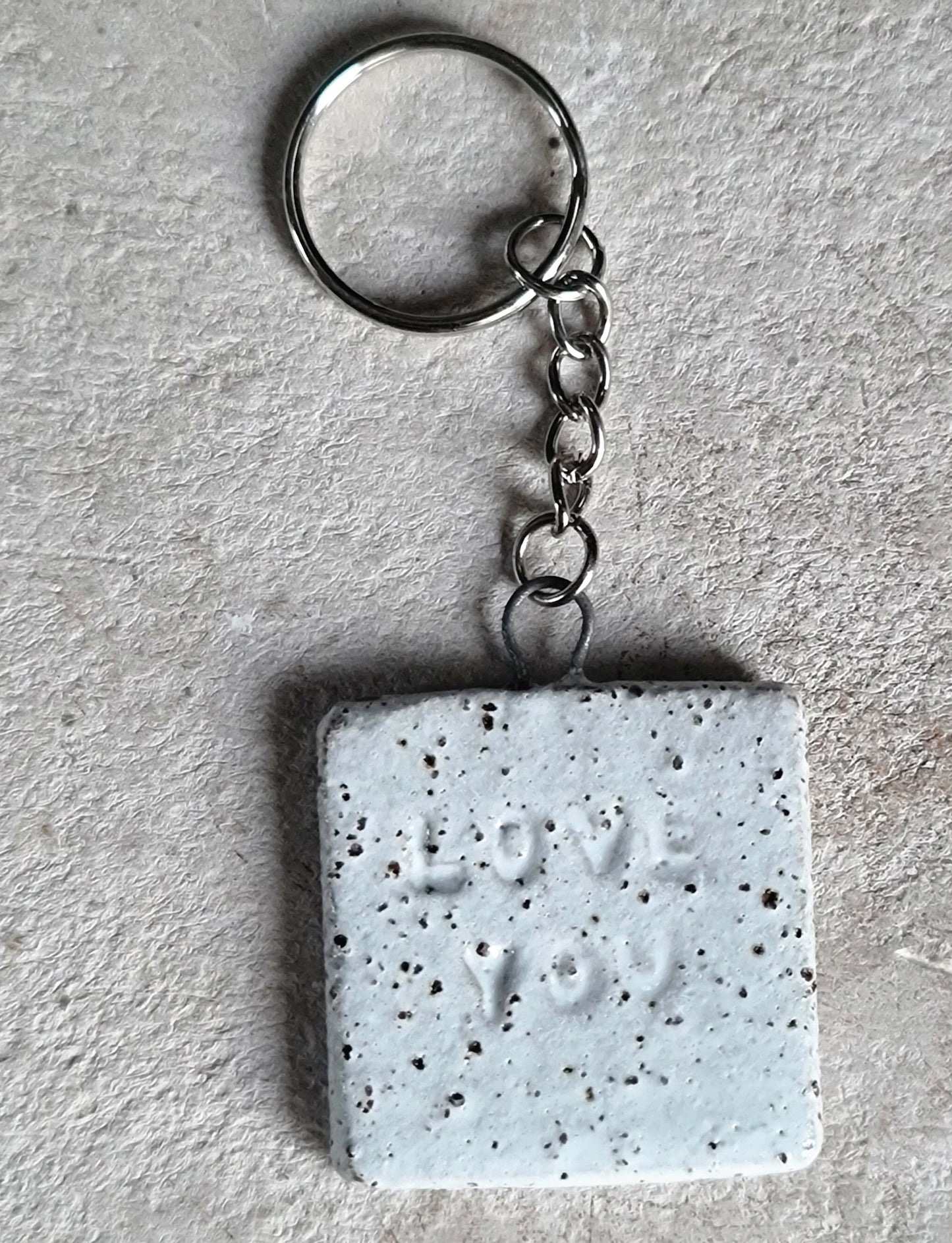 handcrafted rustic ceramic stoneware square key rings embossed LOVE YOU