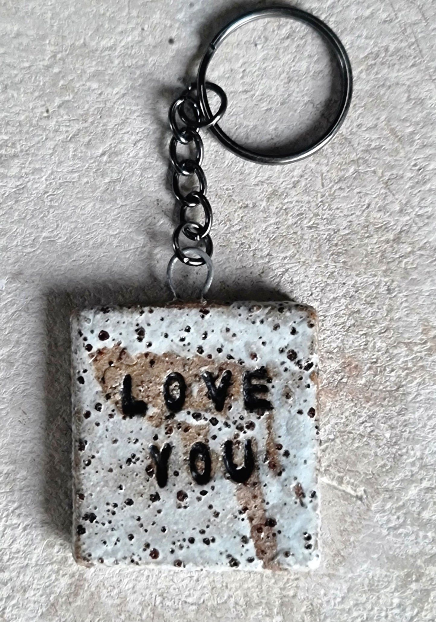 handcrafted rustic ceramic stoneware square key rings embossed LOVE YOU