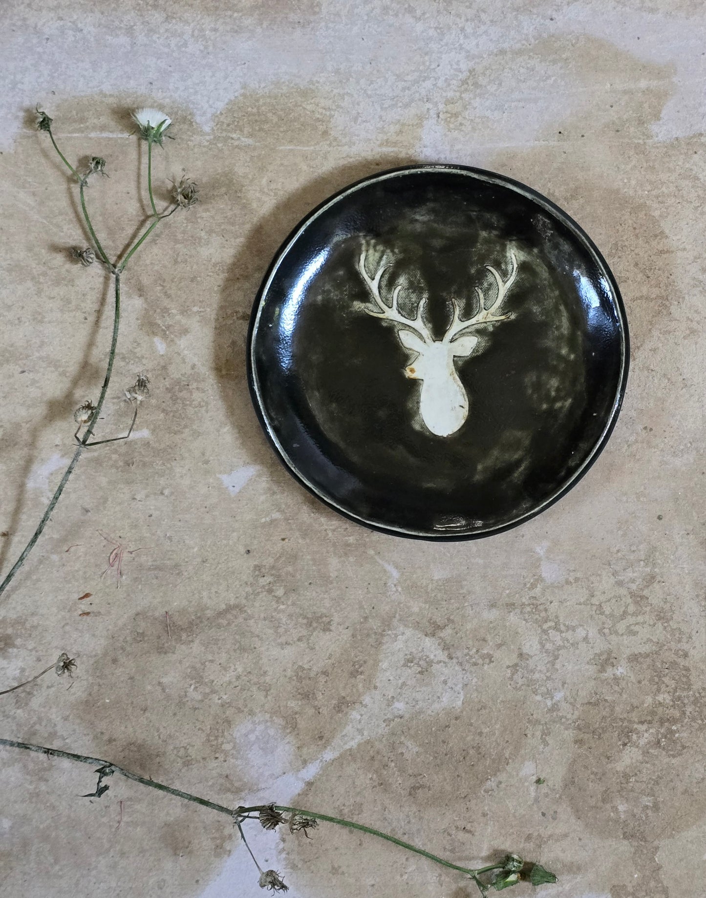 black, dark forest green handpainted white deer round plate/ olive-rust crackle glaze Christmas plates