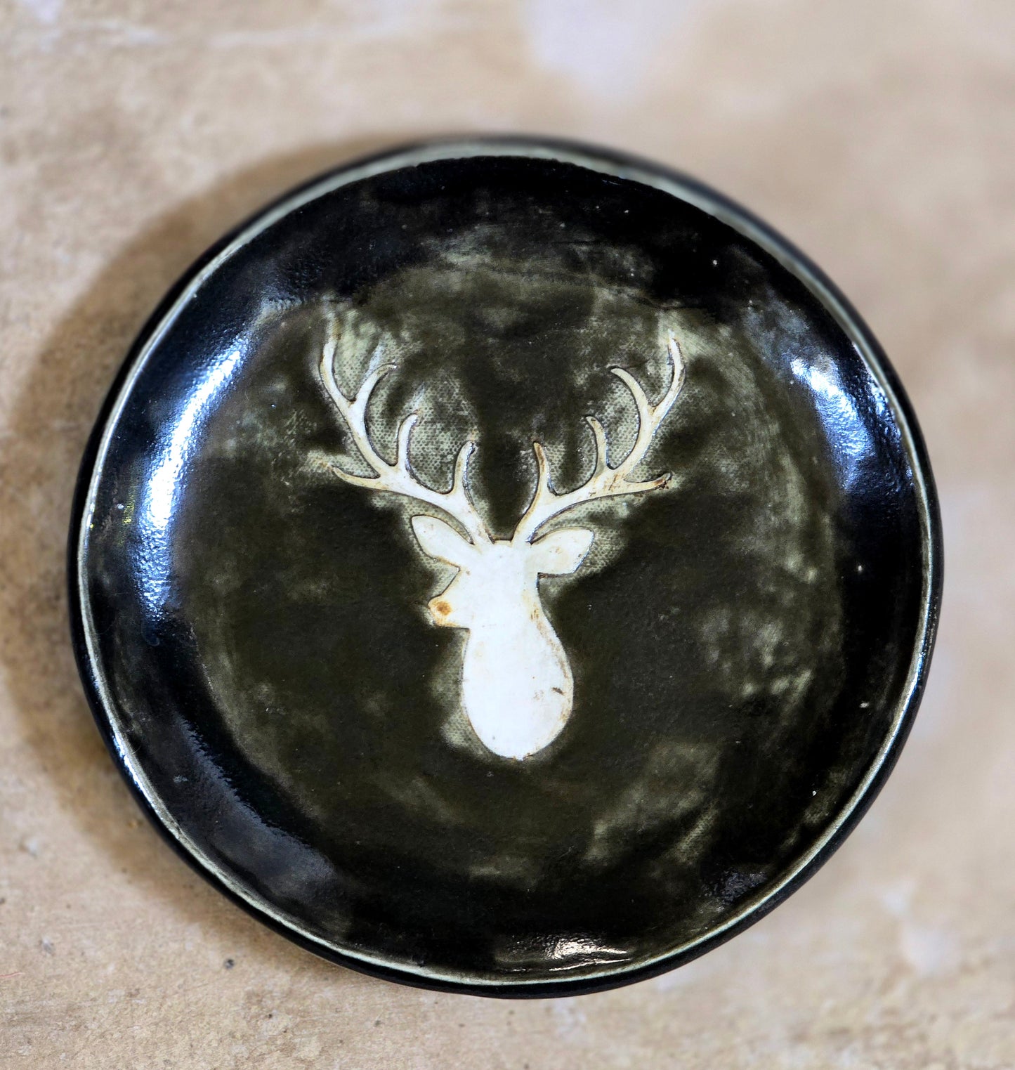 black, dark forest green handpainted white deer round plate/ olive-rust crackle glaze Christmas plates