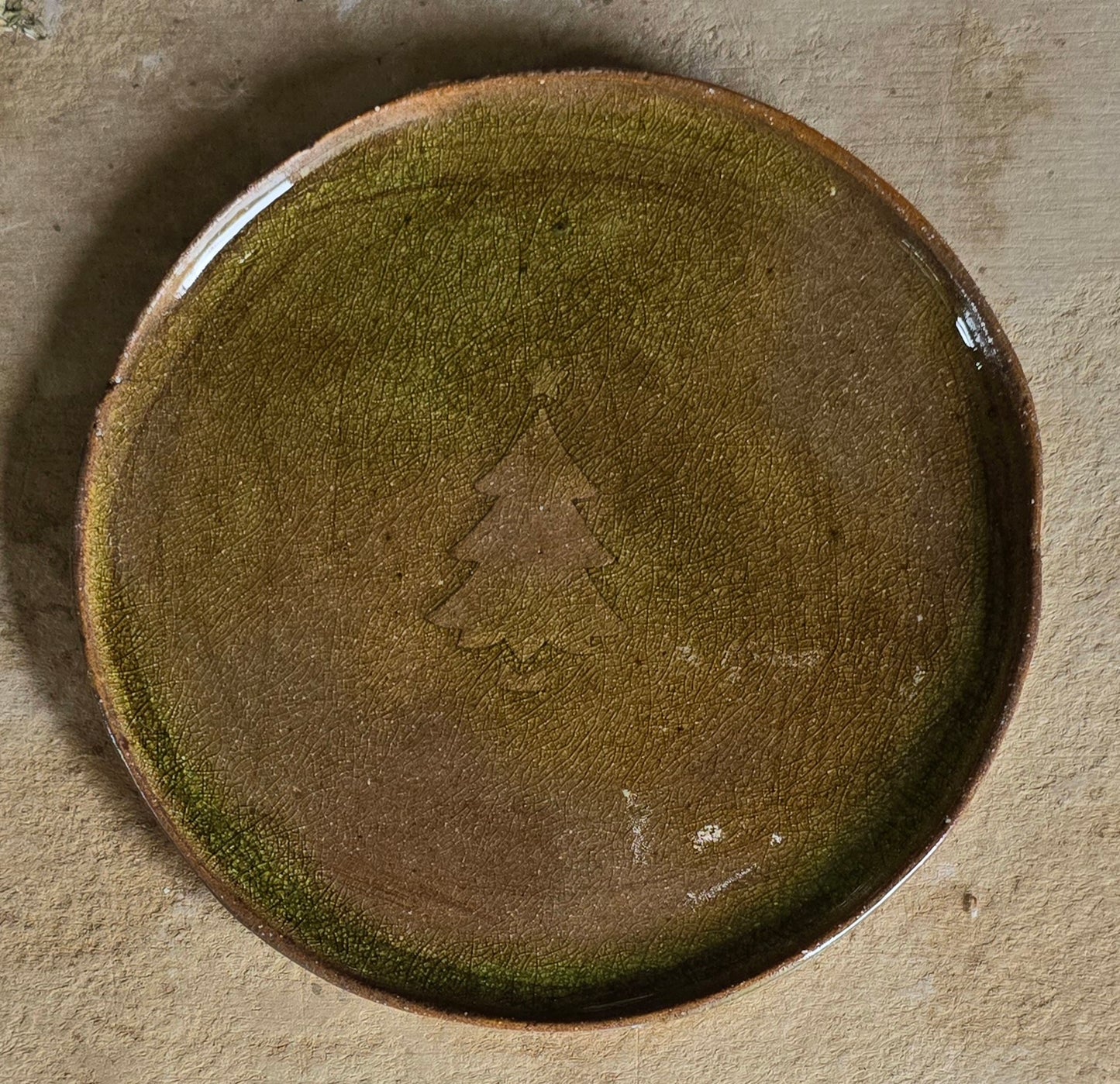 black, dark forest green handpainted white deer round plate/ olive-rust crackle glaze Christmas plates