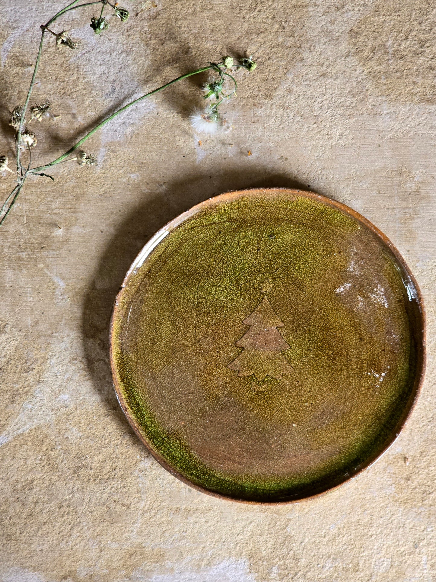 black, dark forest green handpainted white deer round plate/ olive-rust crackle glaze Christmas plates