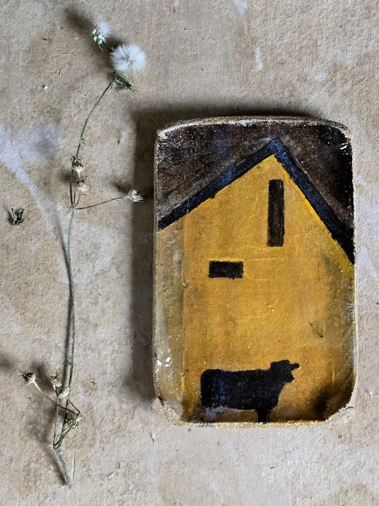 rectangular handpainted barn & cow small rustic plate