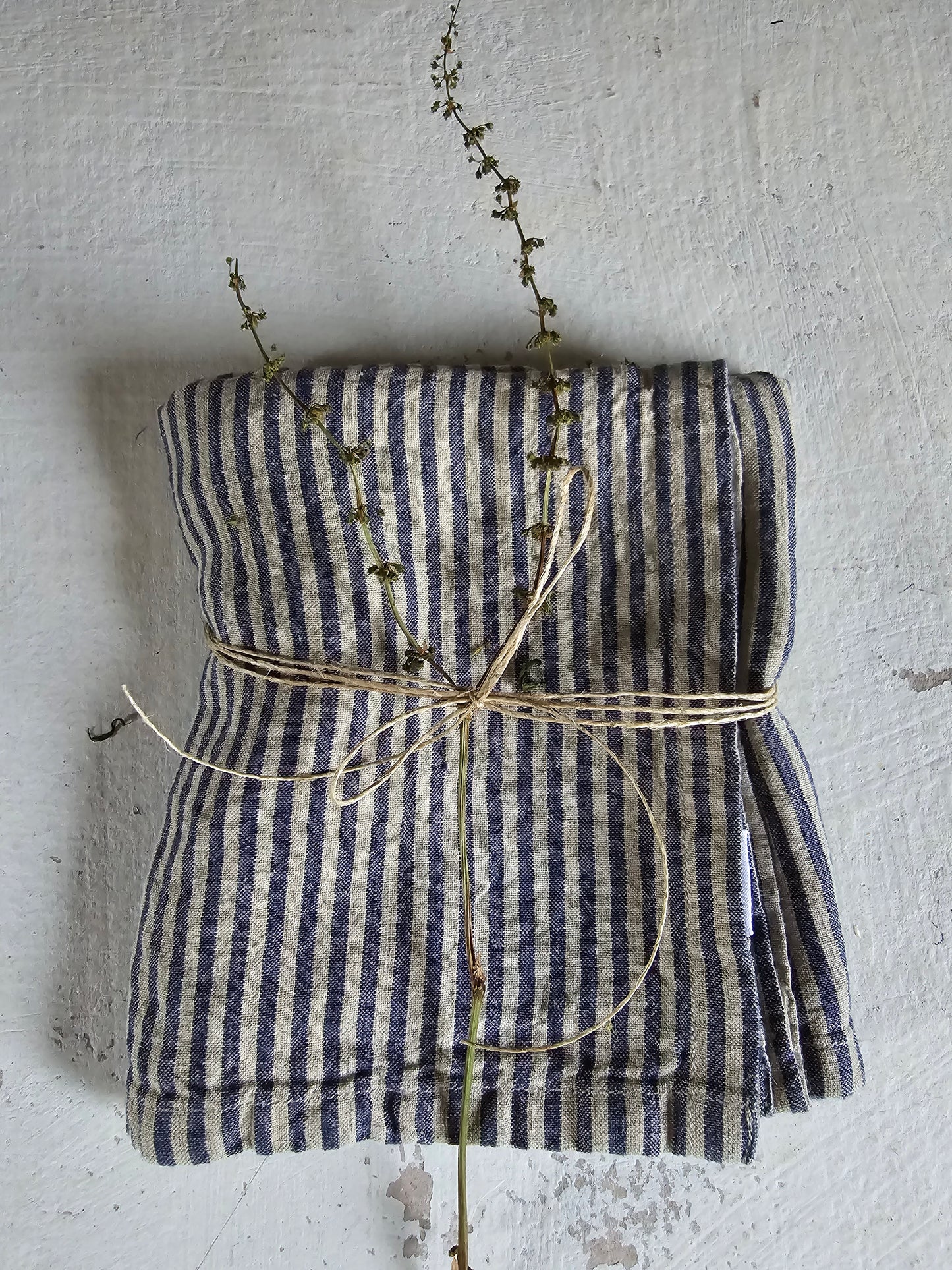 blue & natural stonewashed 100% linen striped tea towel