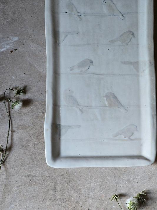 watchful birds blanketed in snow, rectangular serving tray