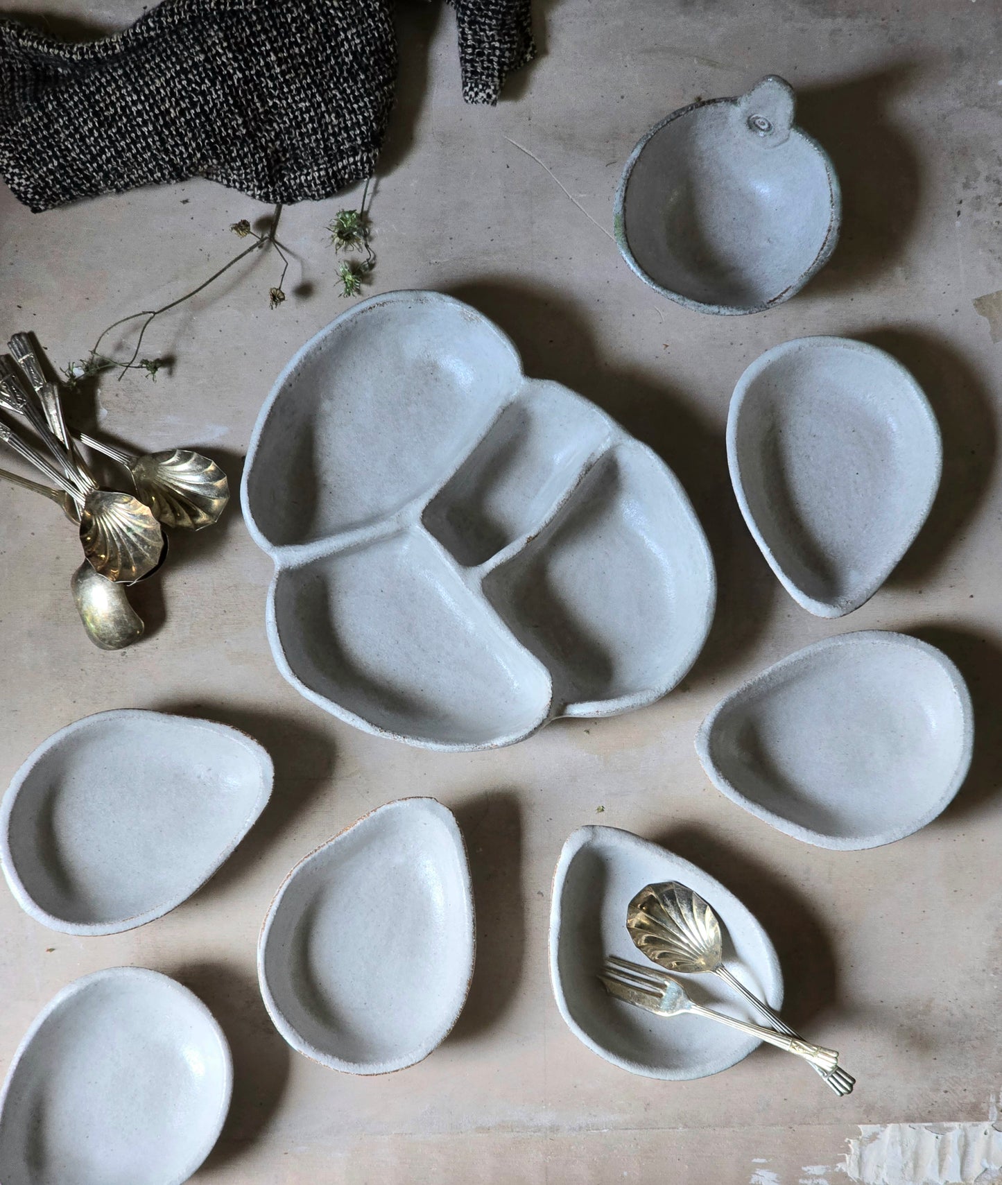 sheer white, soft grey ceramic bowls & entertainer platter/trinket tray/ jewellery