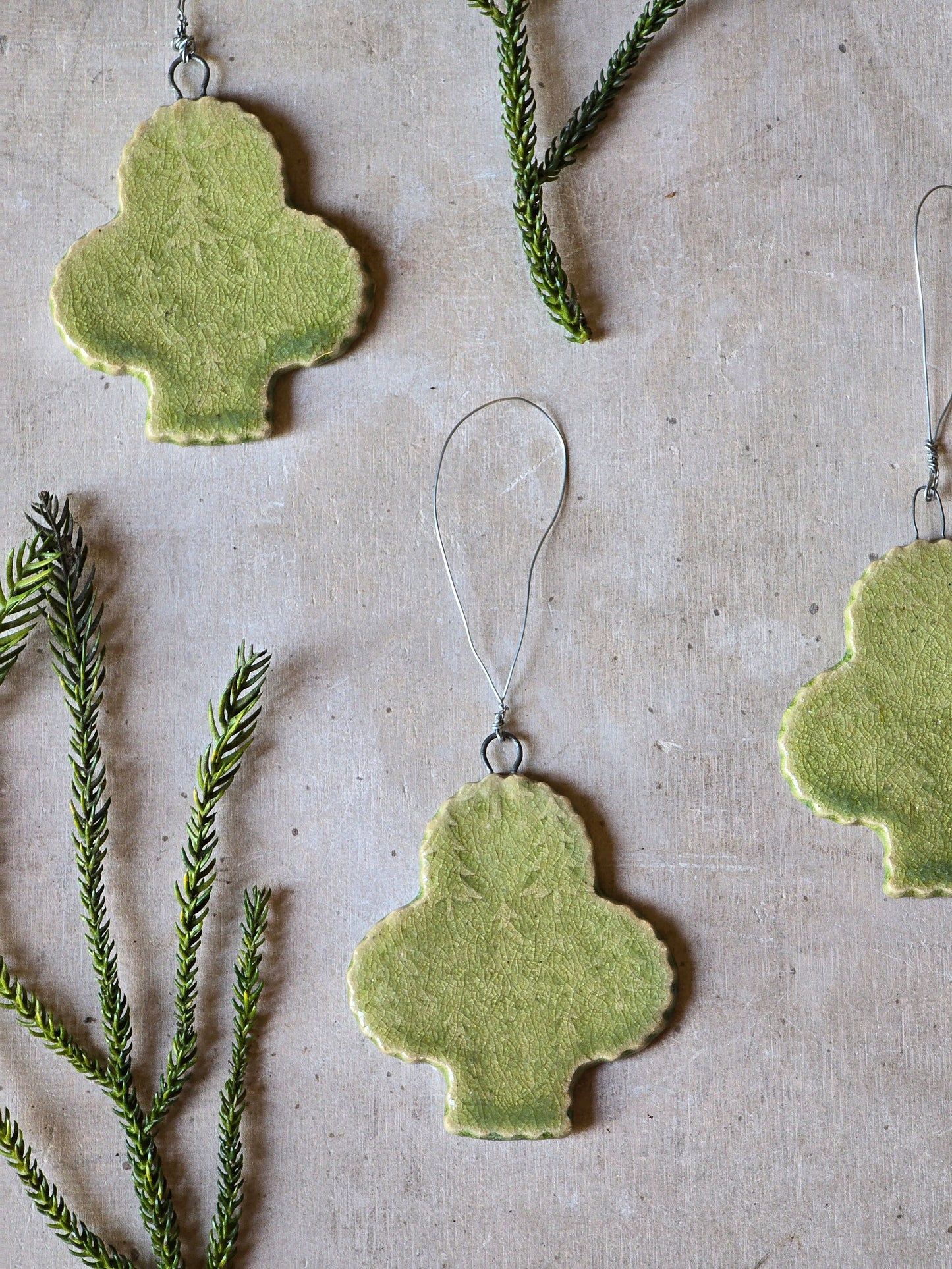 light olive green embossed Christmas tree decorations