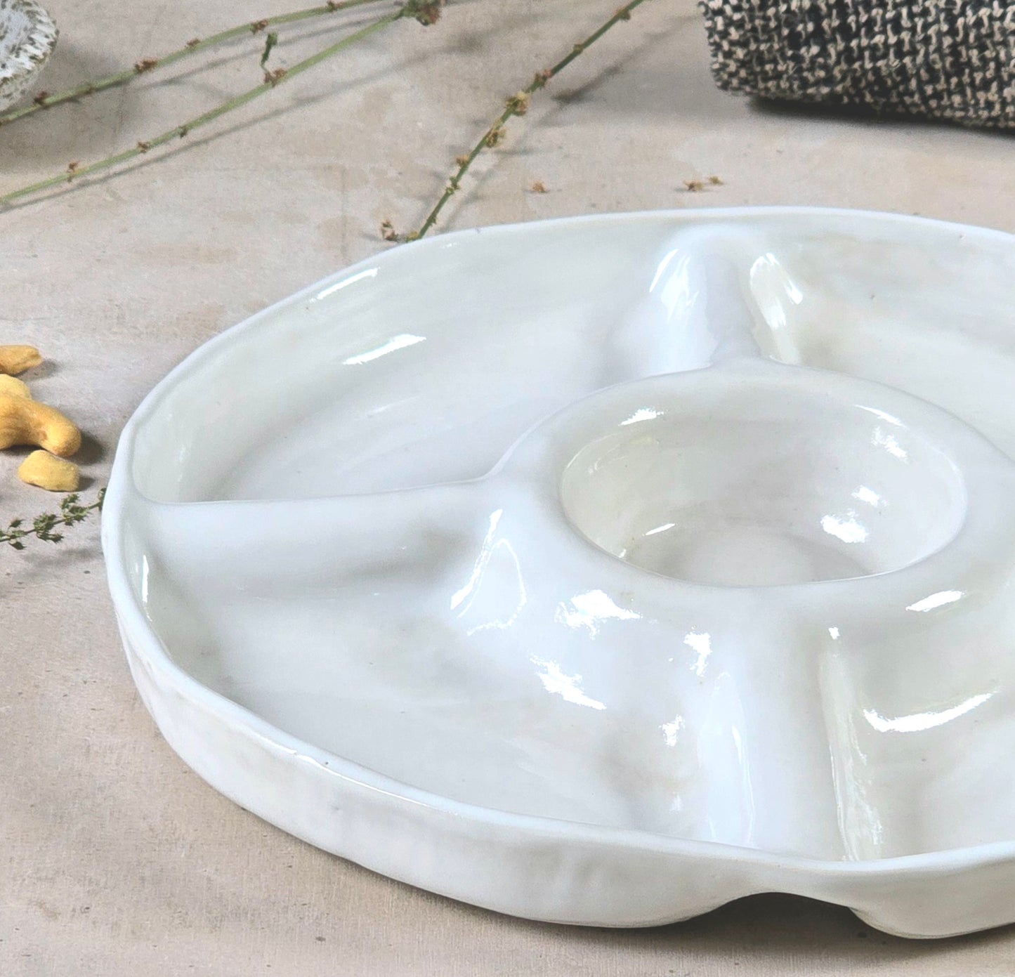 glossy white round entertainer serving platter