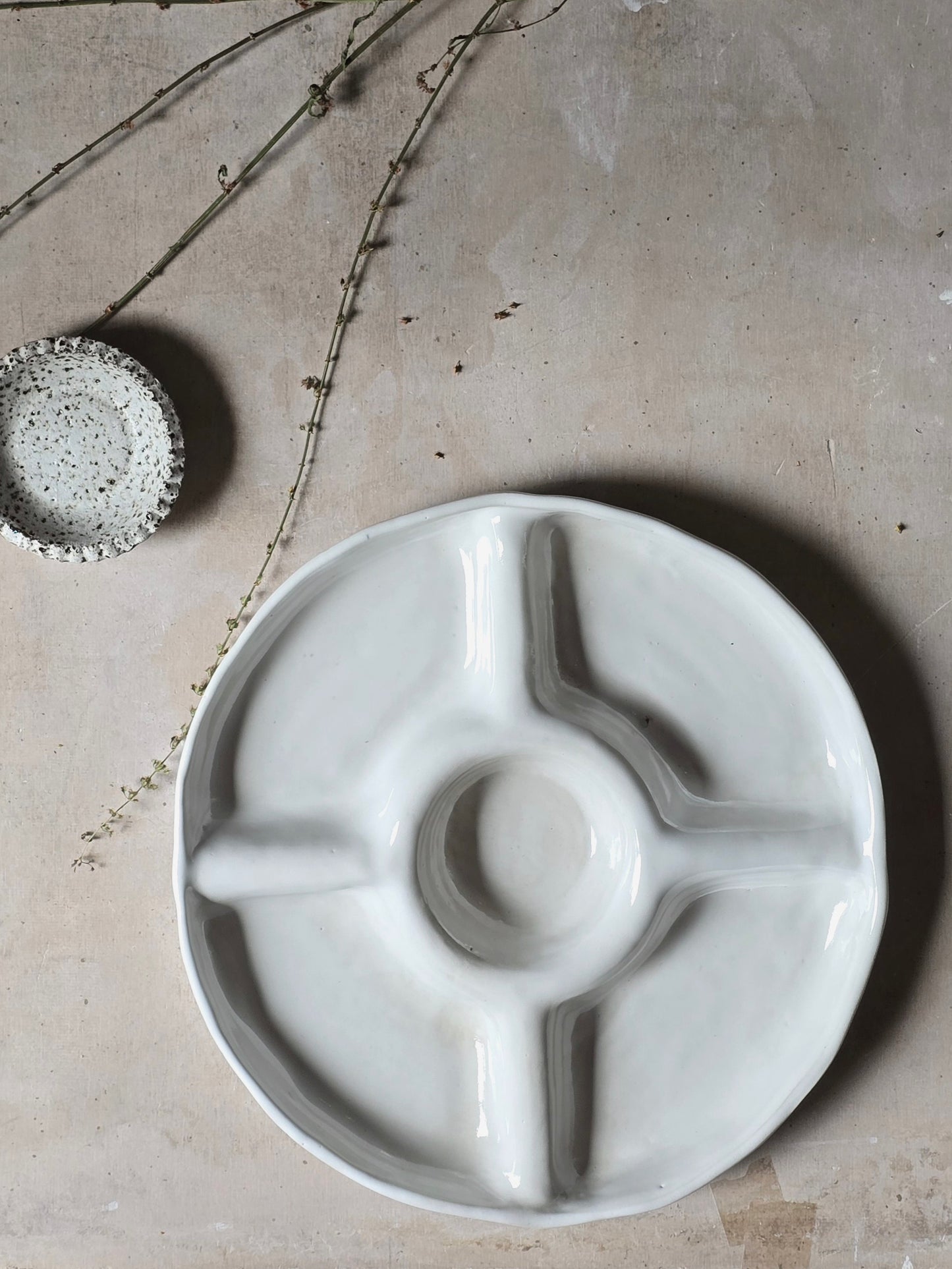 glossy white round entertainer serving platter