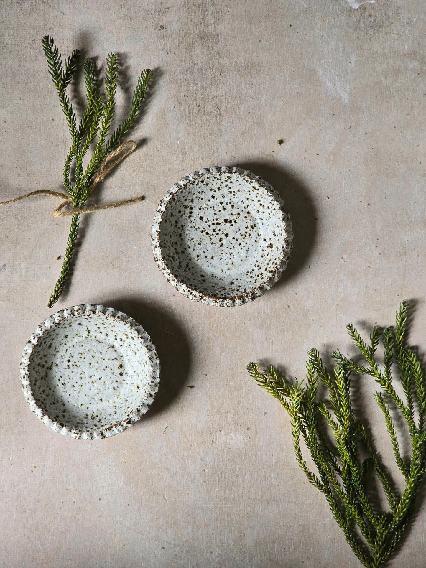 speckled white small round dishes