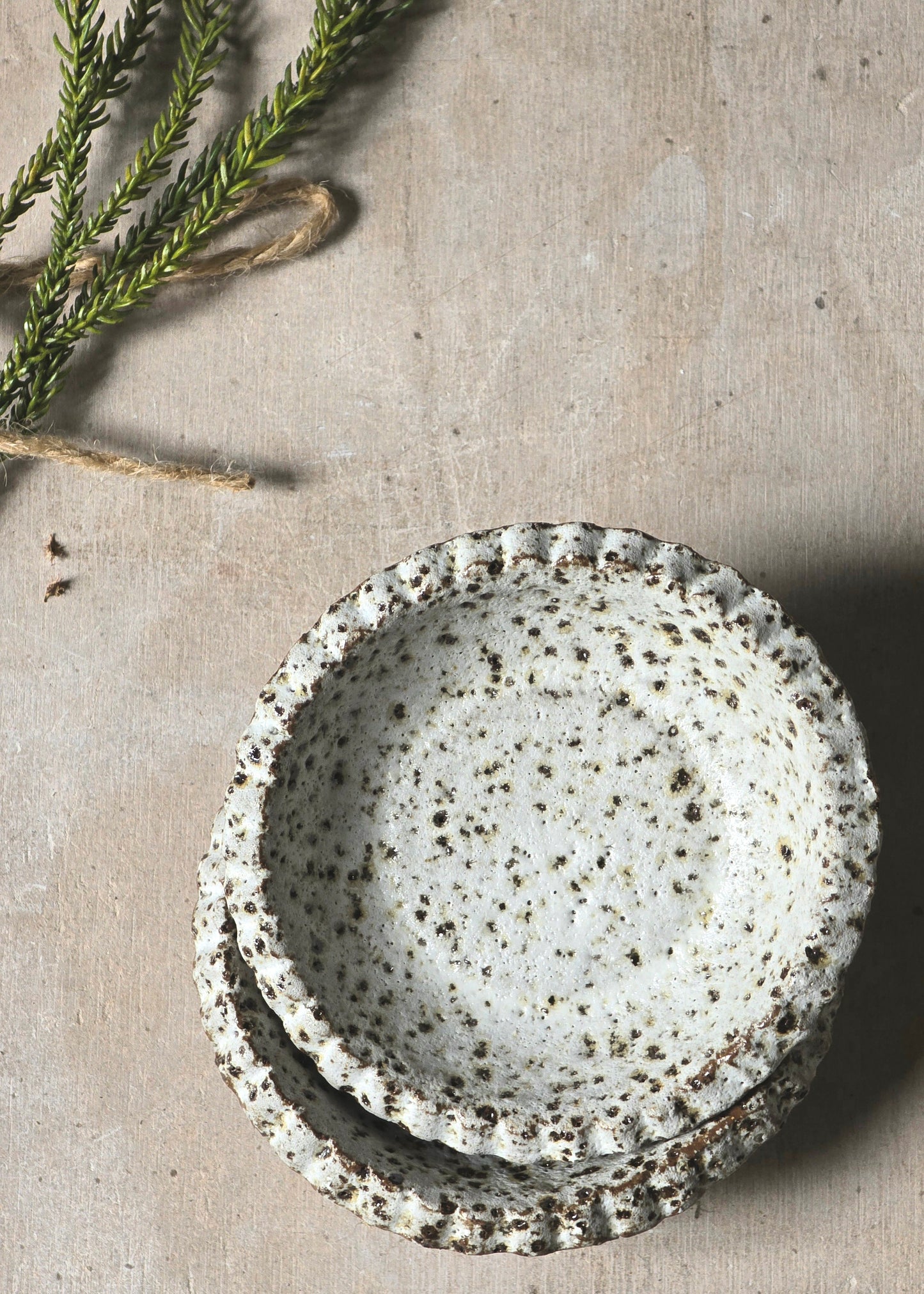 speckled white small round dishes