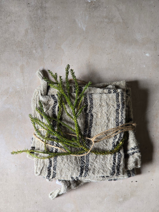 rustic handloomed 100% Linen Wash Cloth with black stripes and a loop to hang.