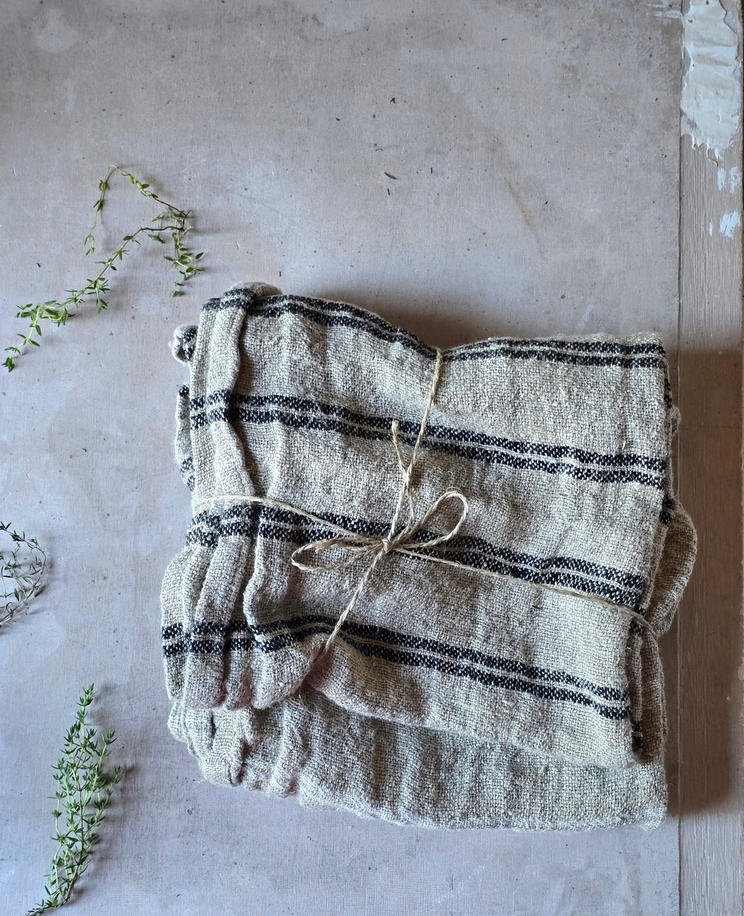 Rustic handloomed linen tea towel with Black Stripes