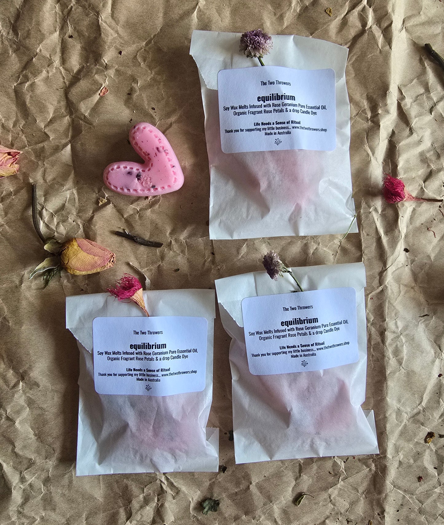 Equilibrium- The Seconds Bag- 2 Soy Wax Melts Infused with Rose Geranium Essential Oil with Organic Scented Rose Petals