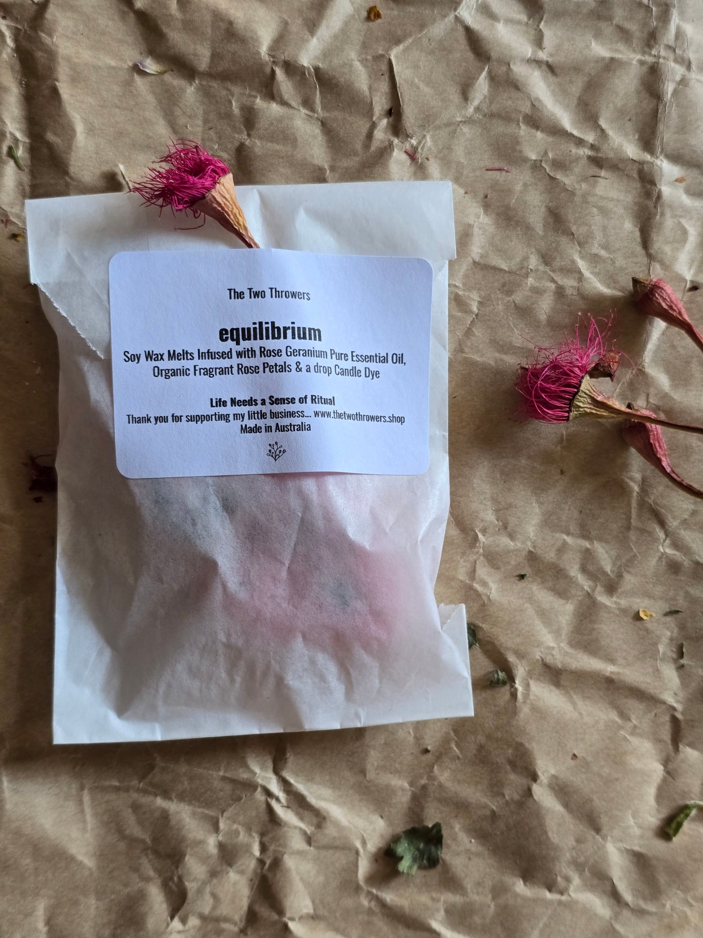 Equilibrium- The Seconds Bag- 2 Soy Wax Melts Infused with Rose Geranium Essential Oil with Organic Scented Rose Petals